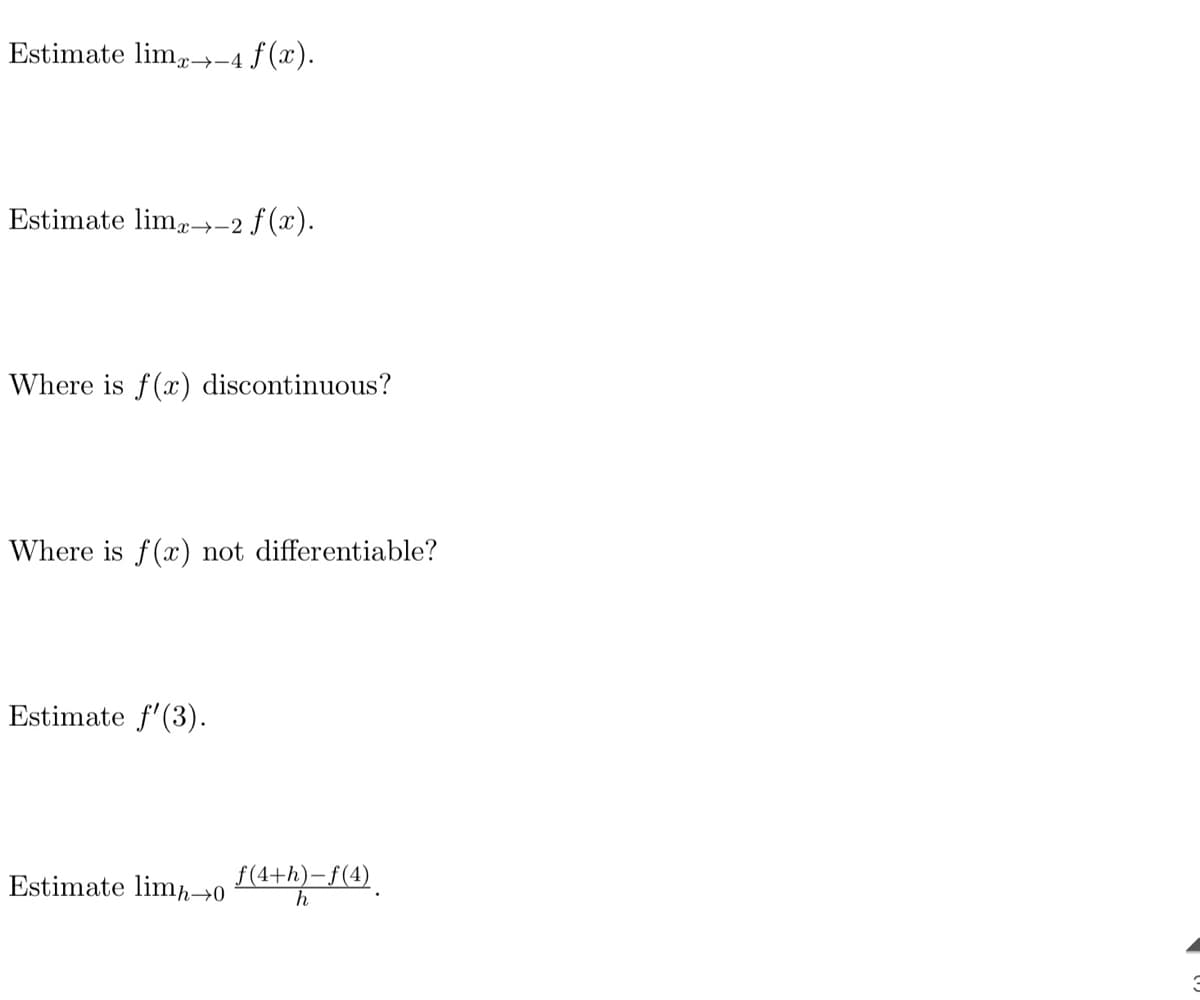 Estimate limr→-4 f (x).
Estimate lim,→-2 f (x).
Where is f(x) discontinuous?
Where is f(x) not differentiable?
Estimate f'(3).
Estimate limh→0
f(4+h)-f(4) .
