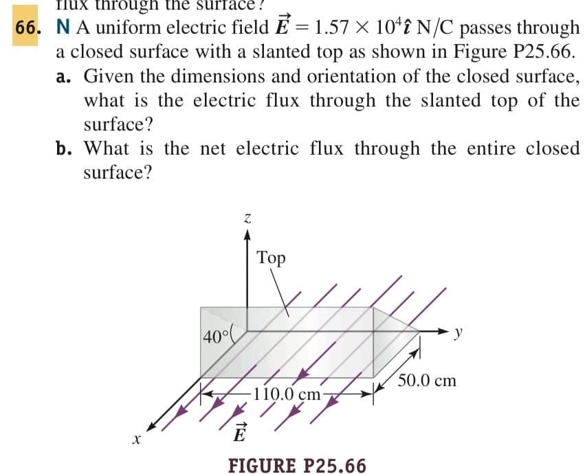 flux through the surface?
66. N A uniform electric field E = 1.57 × 10¹ N/C passes through
a closed surface with a slanted top as shown in Figure P25.66.
a. Given the dimensions and orientation of the closed surface,
what is the electric flux through the slanted top of the
surface?
b. What is the net electric flux through the entire closed
surface?
X
40%
Z
Top
110.0 cm-
17.
FIGURE P25.66
y
50.0 cm