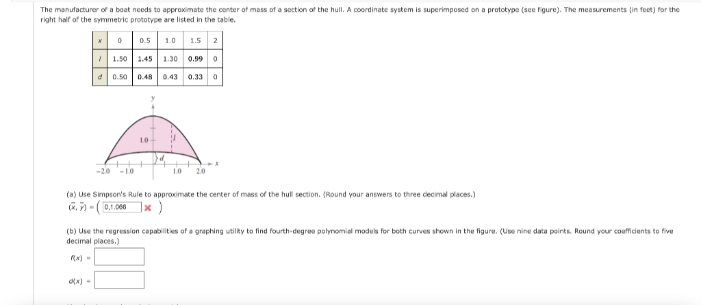 The manufacturer of a boat needs to approximate the center of mass of a section of the hull. A coordinate system is superimposed on a prototype (see figure). The measurements (in feet) for the
right half of the symmetric prototype are listed in the table.
Xx
0
0.5
1.0 1.5 2
I 1.50
1.45 1.30 0.99 0
d 0.50 0.48 0.43 0.33 0
2
1.0
-
-2.0 -1.0
1.0 2.0
(a) Use Simpson's Rule
approximate the center of mass of the hull section. (Round your answers to three decimal places.)
(x, y) = 0,1.066 1x)
(b) Use the regression capabilities of a graphing utility to find fourth-degree polynomial models for both curves shown in the figure. (Use nine data points. Round your coefficients to five
decimal places.)
f(x) =
d(x) =
d