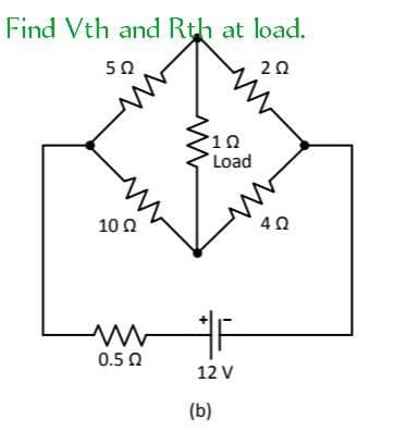 Find Vth and Rth at load.
5Ω
ΖΩ
Μ
Μ
Μ
10 Ω
0.5 Ω
1Ω
Load
Μ
12 V
(b)
www
4Ω