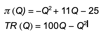 IT (Q) = -Q² + 11Q – 25
TR (Q) = 100Q - Q

