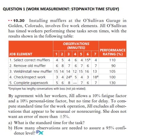 QUESTION 1 (WORK MEASUREMENT: STOPWATCH TIME STUDY)
.. 10.30 Installing mufflers at the O'Sullivan Garage in
Golden, Colorado, involves five work elements. Jill O'Sullivan
has timed workers performing these tasks seven times, with the
results shown in the following table:
OBSERVATIONS
(MINUTES)
JOB ELEMENT
1 2 3 4 5 6 7
45 46 415²4
1. Select correct mufflers
2. Remove old muffler
68767 6 7
3. Weld/install new muffler 15 14 14 12 15 16 13
4. Check/inspect work
18ª
3 4 24³ 5 4 3
568
5. Complete paperwork
*Employee has lengthy conversations with boss (not job related).
7 6 7
PERFORMANCE
RATING (%)
110
90
105
100
130
By agreement with her workers, Jill allows a 10% fatigue factor
and a 10% personal-time factor, but no time for delay. To com-
pute standard time for the work operation, Jill excludes all obser-
vations that appear to be unusual or nonrecurring. She does not
want an error of more than ±5%.
a) What is the standard time for the task?
b) How many observations are needed to assure a 95% confi-
dence level? PX