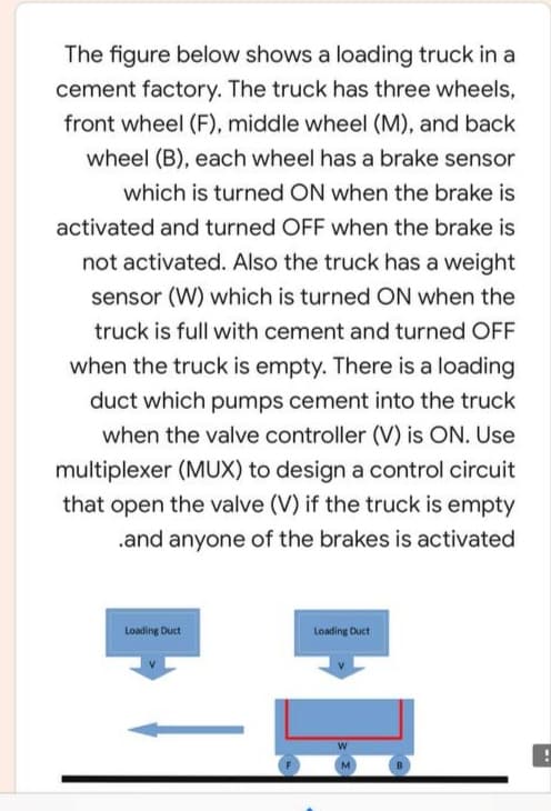 The figure below shows a loading truck in a
cement factory. The truck has three wheels,
front wheel (F), middle wheel (M), and back
wheel (B), each wheel has a brake sensor
which is turned ON when the brake is
activated and turned OFF when the brake is
not activated. Also the truck has a weight
sensor (W) which is turned ON when the
truck is full with cement and turned OFF
when the truck is empty. There is a loading
duct which pumps cement into the truck
when the valve controller (V) is ON. Use
multiplexer (MUX) to design a control circuit
that open the valve (V) if the truck is empty
.and anyone of the brakes is activated
Loading Duct
Loading Duct
M.
