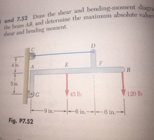 shear and bending moment.
D
4 in.
E
B.
5 in.
OG
45 lb
120 lb
-9 in.-
6 in. -6 in.→
Fig. P7.52
