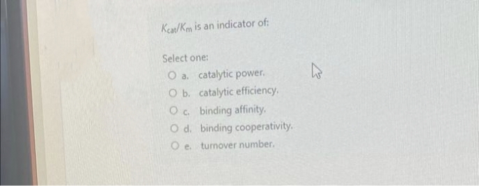 Kcat/Km is an indicator of:
Select one:
O a. catalytic power.
O b. catalytic efficiency.
O c. binding affinity.
O d. binding cooperativity.
O e. turnover number.
27