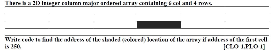 There is a 2D integer column major ordered array containing 6 col and 4 rows.
Write code to find the address of the shaded (colored) location of the array if address of the first cell
is 250.
[CLO-1,PLO-1]
