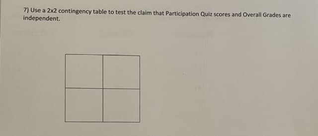 7) Use a 2x2 contingency table to test the claim that Participation Quiz scores and Overall Grades are
independent.