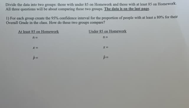 Divide the data into two groups: those with under 85 on Homework and those with at least 85 on Homework.
All three questions will be about comparing these two groups. The data is on the last page.
1) For each group create the 95% confidence interval for the proportion of people with at least a 80% for their
Overall Grade in the class. How do these two groups compare?
At least 85 on Homework
n=
x =
p=
Under 85 on Homework
n=
x=
p=