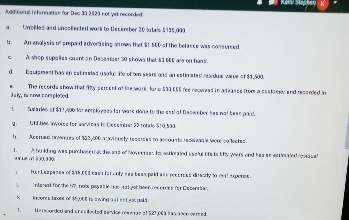 Kami StephenK
Additional information for Dec 30 2020 not yet recorded:
a.
Unbilled and uncollected work to December 30 totals $135,000.
b.
An analysis of prepaid advertising shows that $1,500 of the balance was consumed.
с.
A shop supplies count on December 30 shows that $3,600 are on hand.
d.
Equipment has an estimated useful life of ten years and an estimated residual value of $1,500.
е.
The records show that fifty percent of the work, for a $30,000 fee received in advance from a customer and recorded in
July, is now completed.
f.
Salaries of $17,400 for employees for work done to the end of December has not been paid.
g.
Utilities invoice for services to December 22 totals $10,500.
h.
Accrued revenues of $23,400 previously recorded to accounts receivable were collected.
i.
A building was purchased at the end of November. Its estimated useful life is fifty years and has an estimated residual
value of $30,000.
j.
Rent expense of $15,000 cash for July has been paid and recorded directly to rent expense.
j.
Interest for the 6% note payable has not yet been recorded for December.
k.
Income taxes of $9,000 is owing but not yet paid.
1.
Unrecorded and uncollected service revenue of $27,000 has been earned.
