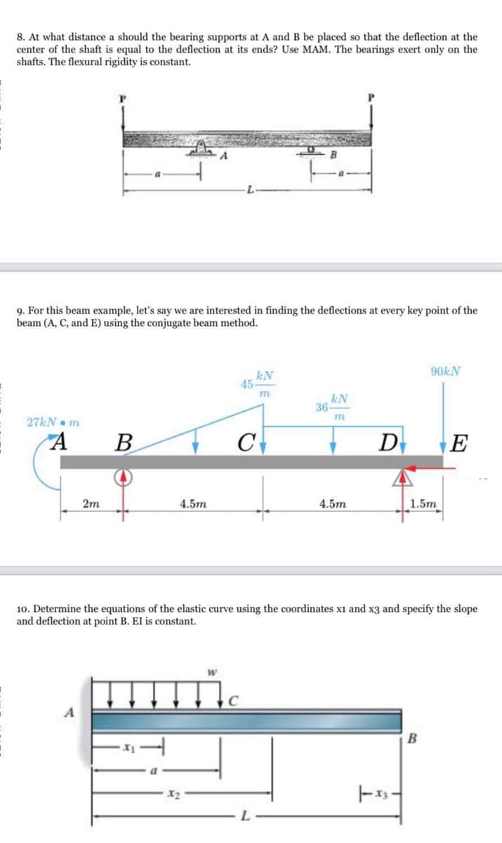 8. At what distance a should the bearing supports at A and B be placed so that the deflection at the
center of the shaft is equal to the deflection at its ends? Use MAM. The bearings exert only on the
shafts. The flexural rigidity is constant.
9. For this beam example, let's say we are interested in finding the deflections at every key point of the
beam (A, C, and E) using the conjugate beam method.
90KN
kN
45
m
kN
36
27KN• m
B
C
D
E
2m
4.5m
4.5m
1.5m
10. Determine the equations of the elastic curve using the coordinates x1 and x3 and specify the slope
and deflection at point B. EI is constant.
C
