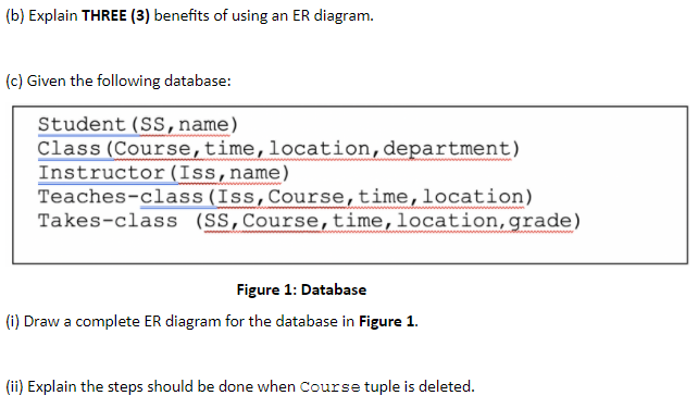 (b) Explain THREE (3) benefits of using an ER diagram.
(c) Given the following database:
Student (SS, name)
Class (Course,time,location,department)
Instructor(Iss,name)
Teaches-class(Iss,Course,time,location)
Takes-class (SS,Course,time,location,grade)
Figure 1: Database
(i) Draw a complete ER diagram for the database in Figure 1.
(ii) Explain the steps should be done when Course tuple is deleted.
