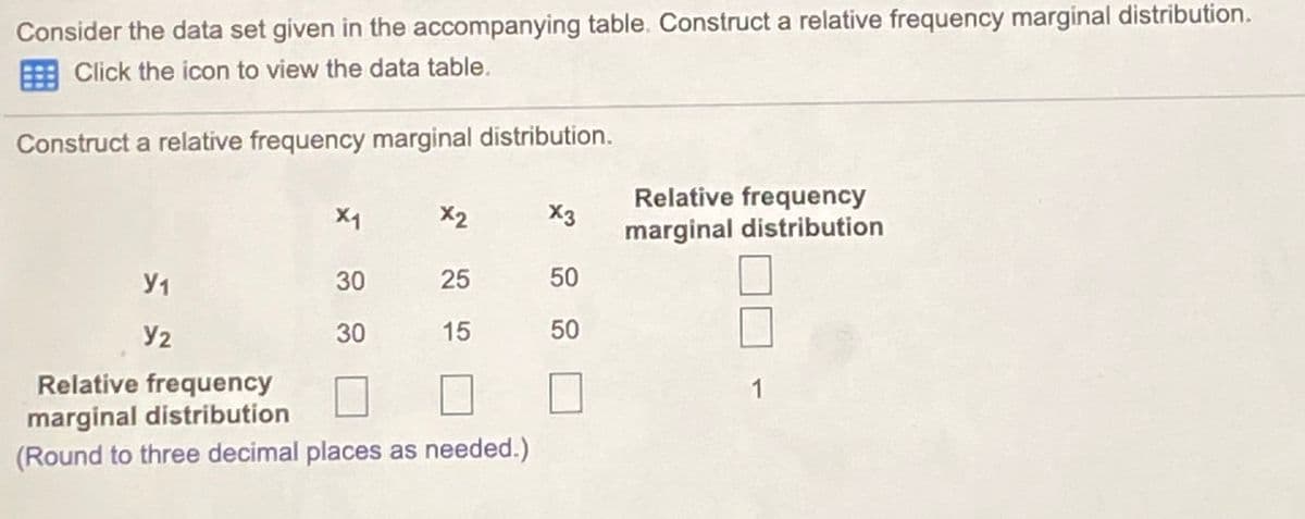 Consider the data set given in the accompanying table. Construct a relative frequency marginal distribution.
Click the icon to view the data table.
Construct a relative frequency marginal distribution.
Relative frequency
marginal distribution
X1
X2
X3
y1
30
25
50
Y2
30
15
50
Relative frequency
marginal distribution
(Round to three decimal places as needed.)
1
