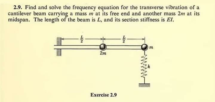 2.9. Find and solve the frequency equation for the transverse vibration of a
cantilever beam carrying a mass m at its free end and another mass 2m at its
midspan. The length of the beam is L, and its section stiffness is El.
22
2m
Exercise 2.9
بهات
m