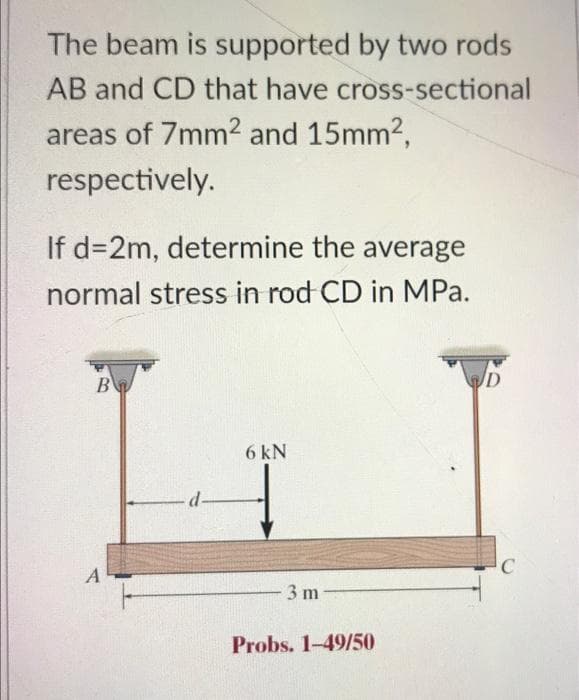 The beam is supported by two rods
AB and CD that have
cross-sectional
areas of 7mm2 and 15mm²,
respectively.
If d=2m, determine the average
normal stress in rod CD in MPa.
B
A
d-
6 kN
3 m
Probs. 1-49/50
WD
C