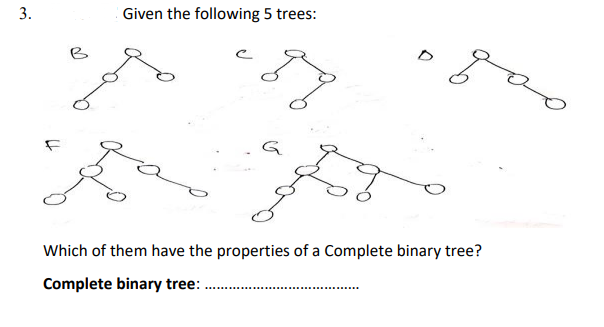 3.
Given the following 5 trees:
B
Which of them have the properties of a Complete binary tree?
Complete binary tree:
