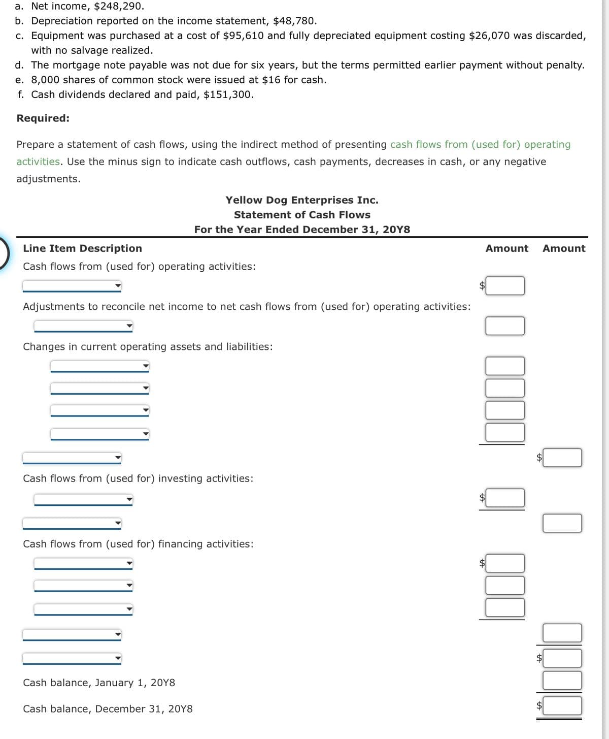 a. Net income, $248,290.
b. Depreciation reported on the income statement, $48,780.
c. Equipment was purchased at a cost of $95,610 and fully depreciated equipment costing $26,070 was discarded,
with no salvage realized.
d. The mortgage note payable was not due for six years, but the terms permitted earlier payment without penalty.
e. 8,000 shares of common stock were issued at $16 for cash.
f. Cash dividends declared and paid, $151,300.
Required:
Prepare a statement of cash flows, using the indirect method of presenting cash flows from (used for) operating
activities. Use the minus sign to indicate cash outflows, cash payments, decreases in cash, or any negative
adjustments.
Yellow Dog Enterprises Inc.
Statement of Cash Flows
For the Year Ended December 31, 20Y8
Line Item Description
Cash flows from (used for) operating activities:
Adjustments to reconcile net income to net cash flows from (used for) operating activities:
Changes in current operating assets and liabilities:
Cash flows from (used for) investing activities:
Cash flows from (used for) financing activities:
Cash balance, January 1, 2018
Cash balance, December 31, 20Y8
Amount Amount