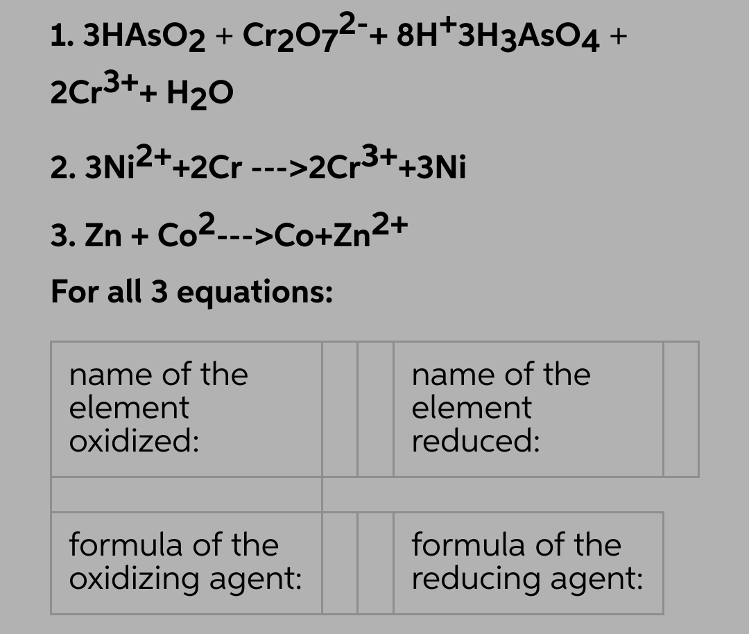 1.3HASO2 + Cr₂O7²- + 8H+3H3AsO4 +
2Cr³+ + H₂O
2. 3Ni²++2Cr --->2Cr³++3Ni
3. Zn + Co²--->Co+Zn²+
For all 3 equations:
name of the
element
oxidized:
formula of the
oxidizing agent:
name of the
element
reduced:
formula of the
reducing agent: