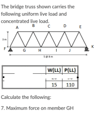 The bridge truss shown carries the
following uniform live load and
concentrated live load.
в с D
A
B
E
3m
K
F
G H J
SO8m
W(LL) P(LL)
15
110
Calculate the following:
7. Maximum force on member GH
