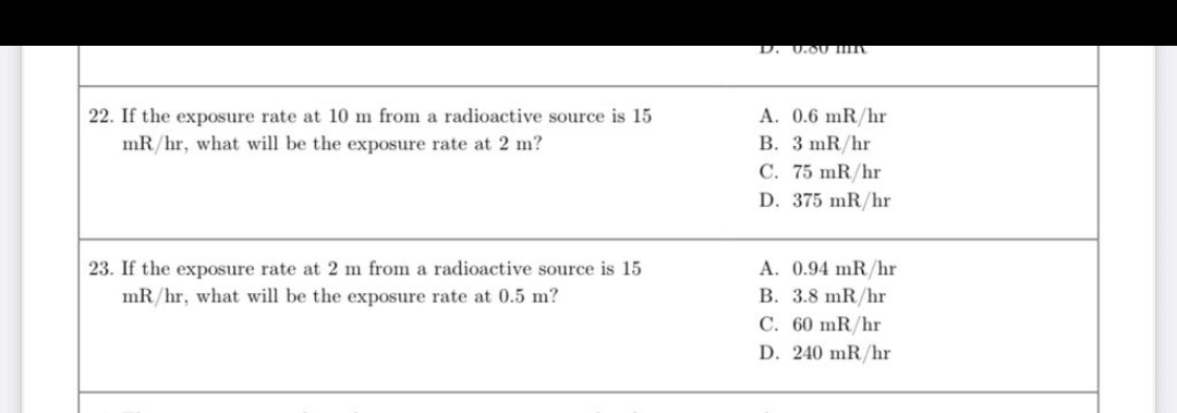 D. 0.00 M
22. If the exposure rate at 10 m from a radioactive source is 15
mR/hr, what will be the exposure rate at 2 m?
A. 0.6 mR/hr
B. 3 mR/hr
C. 75 mR/hr
D. 375 mR/hr
23. If the exposure rate at 2 m from a radioactive source is 15
mR/hr, what will be the exposure rate at 0.5 m?
A. 0.94 mR/hr
B. 3.8 mR/hr
C. 60 mR/hr
D. 240 mR/hr
