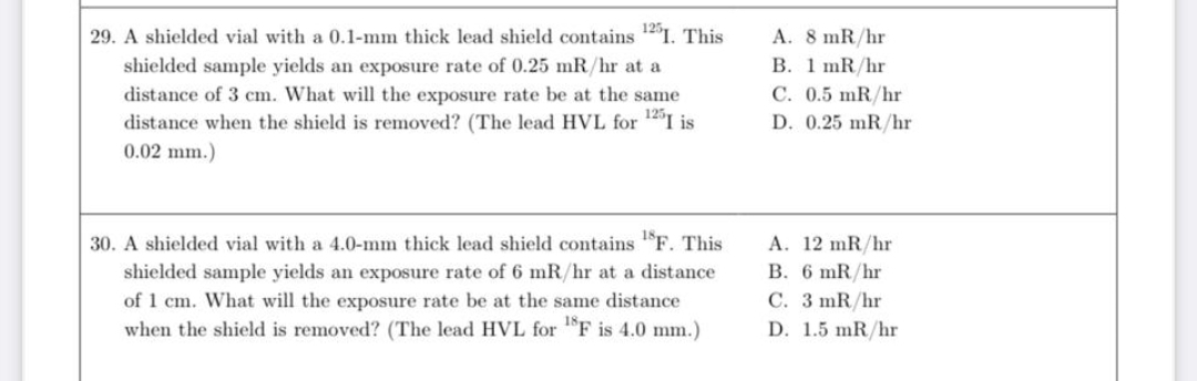 29. A shielded vial with a 0.1-mm thick lead shield contains 11. This
A. 8 mR/hr
B. 1 mR/hr
shielded sample yields an exposure rate of 0.25 mR/hr at a
distance of 3 cm. What will the exposure rate be at the same
distance when the shield is removed? (The lead HVL for 125I is
C. 0.5 mR/hr
D. 0.25 mR/hr
0.02 mm.)
30. A shielded vial with a 4.0-mm thick lead shield contains "F. This
shielded sample yields an exposure rate of 6 mR/hr at a distance
of 1 cm. What will the exposure rate be at the same distance
when the shield is removed? (The lead HVL for F is 4.0 mm.)
A. 12 mR/hr
B. 6 mR/hr
C. 3 mR/hr
D. 1.5 mR/hr
