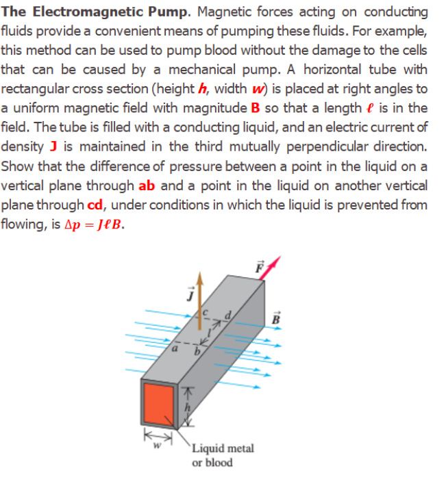 The Electromagnetic Pump. Magnetic forces acting on conducting
fluids provide a convenient means of pumping these fluids. For example,
this method can be used to pump blood without the damage to the cells
that can be caused by a mechanical pump. A horizontal tube with
rectangular cross section (height h, width w) is placed at right angles to
a uniform magnetic field with magnitude B so that a length e is in the
field. The tube is filled with a conducting liquid, and an electric current of
density J is maintained in the third mutually perpendicular direction.
Show that the difference of pressure between a point in the liquid on a
vertical plane through ab and a point in the liquid on another vertical
plane through cd, under conditions in which the liquid is prevented from
flowing, is Ap = JeB.
%3D
