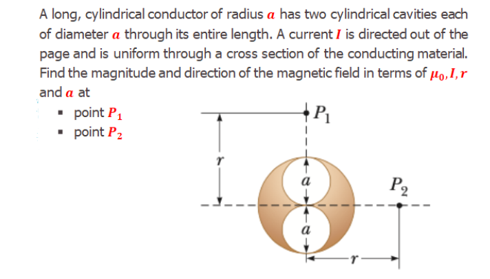 A long, cylindrical conductor of radius a has two cylindrical cavities each
of diameter a through its entire length. A current I is directed out of the
page and is uniform through a cross section of the conducting material.
Find the magnitude and direction of the magnetic field in terms of µ0,I,r
and a at
• point P1
• point P2
a
P2
