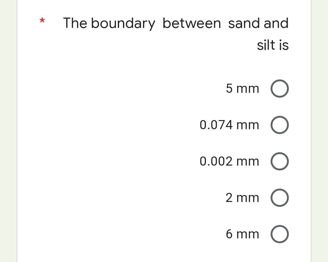 *
The boundary between sand and
silt is
5 mm O
0.074 mm O
0.002 mm O
2 mm O
6 mm O
