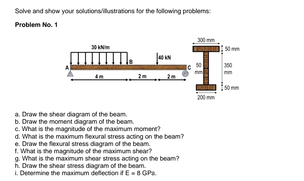 Solve and show your solutions/illustrations for the following problems:
Problem No. 1
300 mm
30 kN/m
50 mm
40 KN
B
50
350
Ic
mm
A
mm
4 m
2 m
2 m
50 mm
200 mm
a. Draw the shear diagram of the beam.
b. Draw the moment diagram of the beam.
c. What is the magnitude of the maximum moment?
d. What is the maximum flexural stress acting on the beam?
e. Draw the flexural stress diagram of the beam.
f. What is the magnitude of the maximum shear?
g. What is the maximum shear stress acting on the beam?
h. Draw the shear stress diagram of the beam.
i. Determine the maximum deflection if E = 8 GPa.
