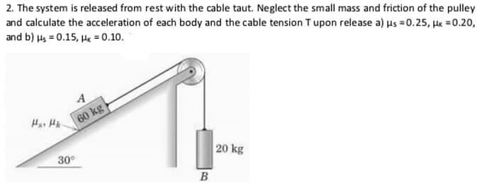 2. The system is released from rest with the cable taut. Neglect the small mass and friction of the pulley
and calculate the acceleration of each body and the cable tension Tupon release a) us =0.25, Hk =0.20,
and b) Hs = 0.15, He = 0.10.
60 kg
20 kg
30°
B
