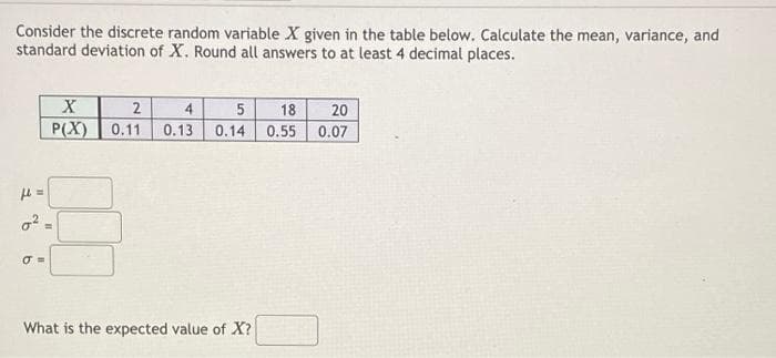 Consider the discrete random variable X given in the table below. Calculate the mean, variance, and
standard deviation of X. Round all answers to at least 4 decimal places.
X
4
18
20
P(X) 0.11
0.13 0.14 0.55 0.07
What is the expected value of X?
