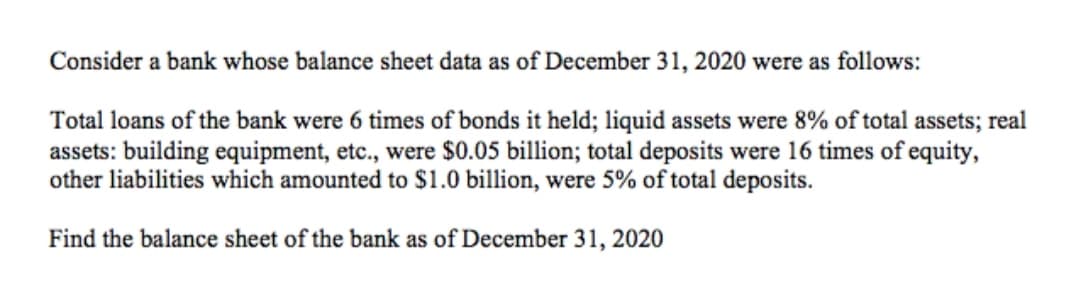 Consider a bank whose balance sheet data as of December 31, 2020 were as follows:
Total loans of the bank were 6 times of bonds it held; liquid assets were 8% of total assets; real
assets: building equipment, etc., were $0.05 billion; total deposits were 16 times of equity,
other liabilities which amounted to $1.0 billion, were 5% of total deposits.
Find the balance sheet of the bank as of December 31, 2020
