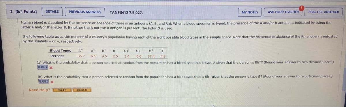 3. [0/4 Points]
DETAILS
PREVIOUS ANSWERS
TANFIN12 7.5,027.
MY NOTES
ASK YOUR TEACHER
PRACTICE ANOTHER
Human blood is classified by the presence or absence of three main antigens (A, B, and Rh). When a blood specimen
typed, the presence of the A and/or B antigen is indicated by listing the
letter
and/or the letter B. If neither the A nor the B antigen
present, the letter O is used.
The following table gives the percent of a country's population having each of the eight possible blood types in the sample space. Note that the presence or absence of the Rh antigen is indicated
by the symbols + or -, respectively.
Blood Types
A
B+
B
AB+
AB
o+
Percent
35.7
6.1
9.5
2.5
3.4
0.6
37.4
4.8
(a) What is the probability that a person selected at random from the population has a blood type that is type A given that the person is Rh-? (Round your answer to two decimal places.)
0.061 X
(b) What is the probability that a person selected at random from the population has a blood type that is Rh* given that the person is type B? (Round your answer to two decimal places.)
0.095 x
Need Help?
Read It
Watch It
