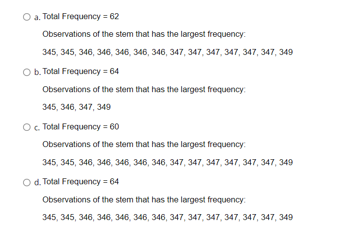 a. Total Frequency = 62
Observations of the stem that has the largest frequency:
345, 345, 346, 346, 346, 346, 346, 347, 347, 347, 347, 347, 347, 349
O b. Total Frequency = 64
Observations of the stem that has the largest frequency:
345, 346, 347, 349
O c. Total Frequency = 60
Observations of the stem that has the largest frequency:
345, 345, 346, 346, 346, 346, 346, 347, 347, 347, 347, 347, 347, 349
O d. Total Frequency = 64
Observations of the stem that has the largest frequency:
345, 345, 346, 346, 346, 346, 346, 347, 347, 347, 347, 347, 347, 349
