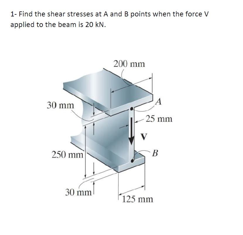 1- Find the shear stresses at A and B points when the force V
applied to the beam is 20 kN.
200 mm
30 mm
25 mm
V
250 mm
В
30 mm
125 mm
