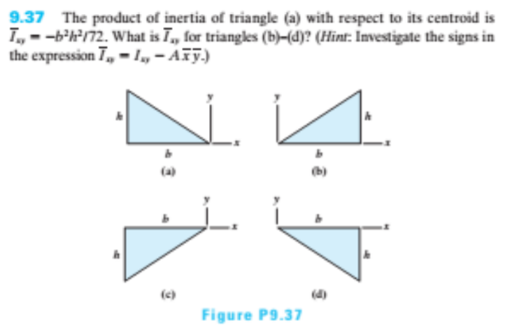 9.37 The product of inertia of triangle (a) with respect to its centroid is
T, --b'h72. What is 7, for triangles (b)–(d)? (Hint: Investigate the signs in
the expression 7, - 1, – Aīỹ.)
(a)
(b)
(e)
Figure P9.37
(4)
