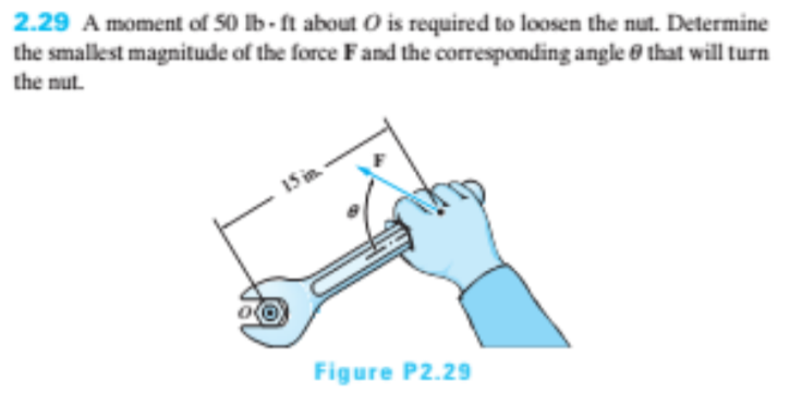 2.29 A moment of 50 lb - ft about O is required to loosen the nut. Determine
the smallest magnitude of the force Fand the corresponding angle e that will turn
the nut.
15 in
Figure P2.29

