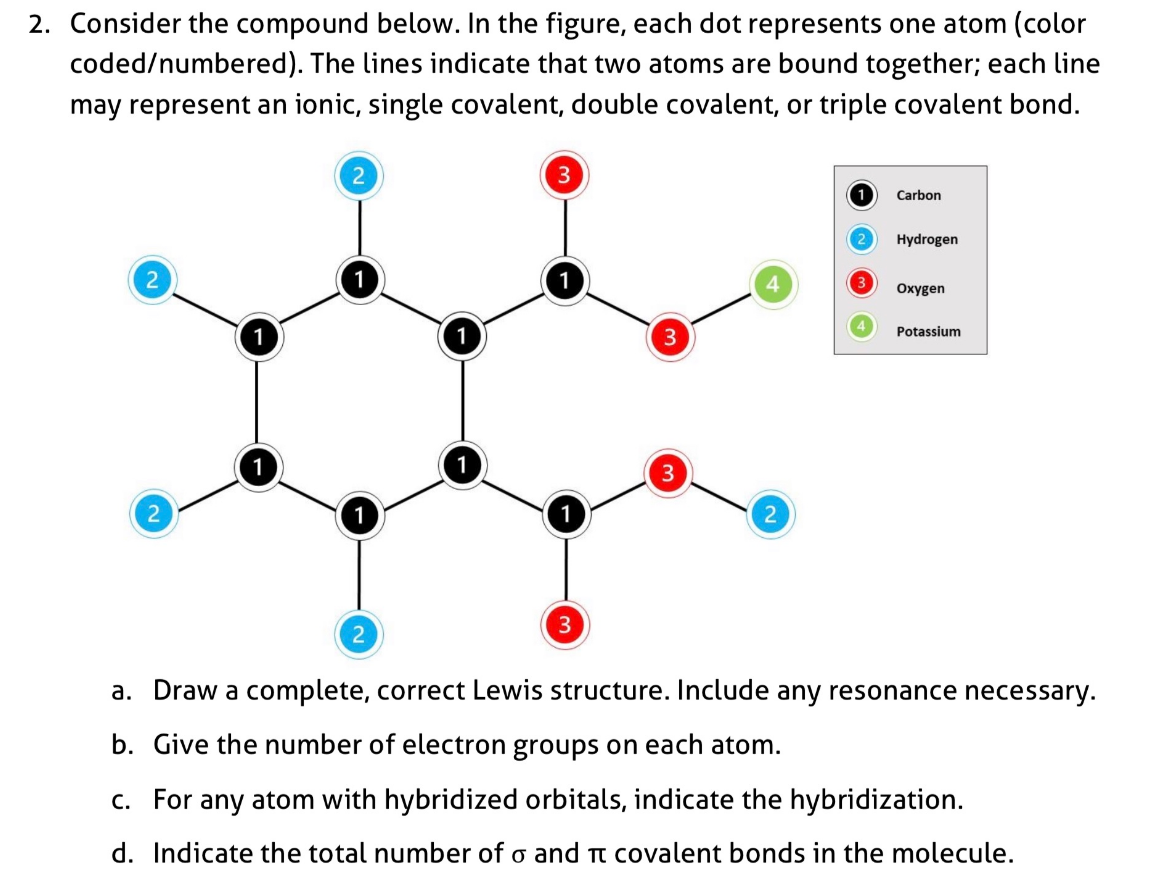 2. Consider the compound below. In the figure, each dot represents one atom (color
coded/numbered). The lines indicate that two atoms are bound together; each line
may represent an ionic, single covalent, double covalent, or triple covalent bond.
Carbon
Hydrogen
Oxygen
Potassium
1
1
1
1
a. Draw a complete, correct Lewis structure. Include any resonance necessary.
b. Give the number of electron groups on each atom.
c. For any atom with hybridized orbitals, indicate the hybridization.
d. Indicate the total number of o and Tt covalent bonds in the molecule.
