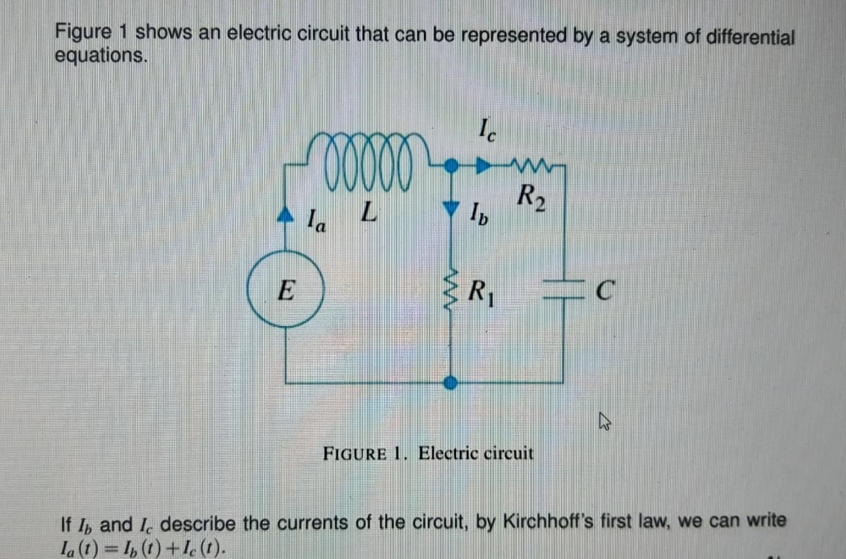 Figure 1 shows an electric circuit that can be represented by a system of differential
equations.
R2
4 la
R1
47
FIGURE 1. Electric circuit
If I, and I. describe the currents of the circuit, by Kirchhoff's first law, we can write
la (1) = I, (1) +1. (1).
