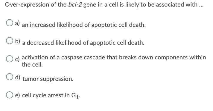 Over-expression of the bcl-2 gene in a cell is likely to be associated with ..
a)
an increased likelihood of apoptotic cell death.
b) a decreased likelihood of apoptotic cell death.
c) activation of a caspase cascade that breaks down components within
the cell.
d) tumor suppression.
e) cell cycle arrest in G1.
