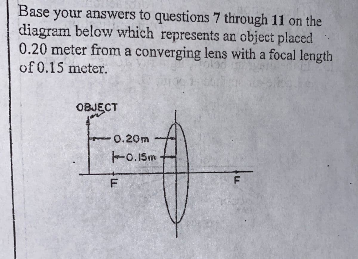 Base your answers to questions 7 through 11 on the
diagram below which represents an object placed
0.20 meter from a converging lens with a focal length
of 0.15 meter.
OBJECT
0.20m
TO.15m
