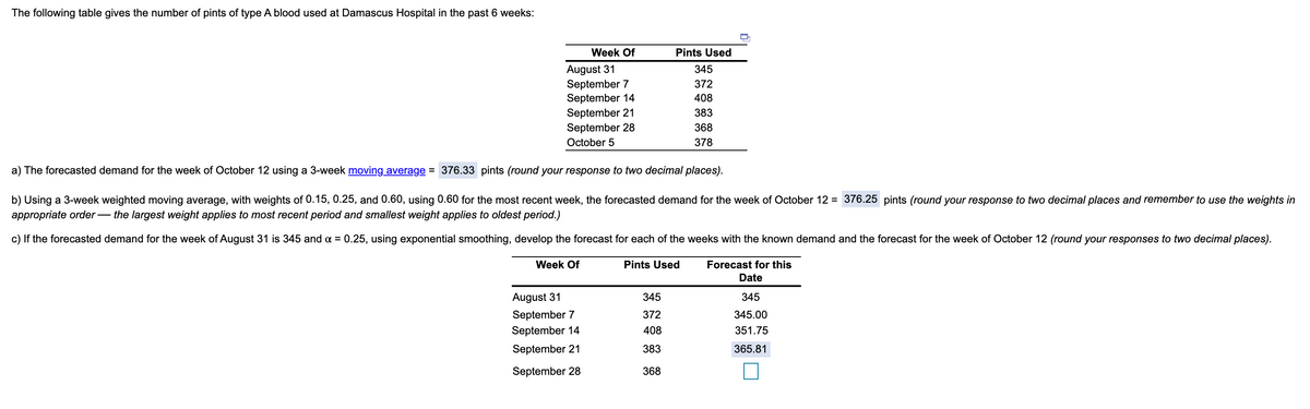 The following table gives the number of pints of type A blood used at Damascus Hospital in the past 6 weeks:
Week Of
Pints Used
August 31
September 7
September 14
September 21
345
372
408
383
September 28
368
October 5
378
a) The forecasted demand for the week of October 12 using a 3-week moving average = 376.33 pints (round your response to two decimal places).
b) Using a 3-week weighted moving average, with weights of 0.15, 0.25, and 0.60, using 0.60 for the most recent week, the forecasted demand for the week of October 12 = 376.25 pints (round your response to two decimal places and remember to use the weights in
appropriate order– the largest weight applies to most recent period and smallest weight applies to oldest period.)
c) If the forecasted demand for the week of August 31 is 345 and a = 0.25, using exponential smoothing, develop the forecast for each of the weeks with the known demand and the forecast for the week of October 12 (round your responses to two decimal places).
Week Of
Pints Used
Forecast for this
Date
August 31
345
345
September 7
372
345.00
September 14
408
351.75
September 21
383
365.81
September 28
368
