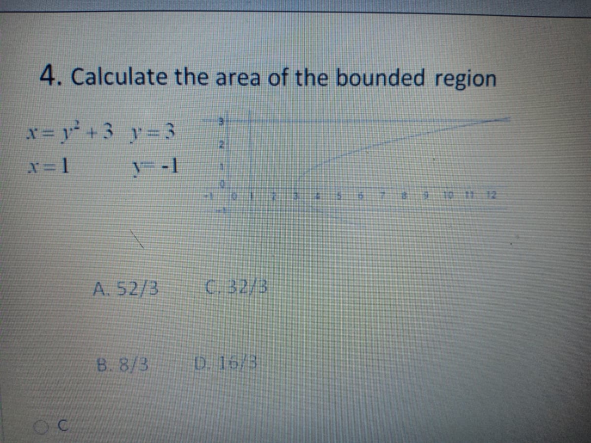 4. Calculate the area of the bounded region
x-y+3 y=3
A 52/3
C.32/3
B8/3
D.1673
