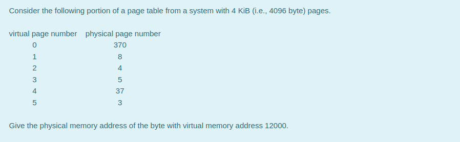 Consider the following portion of a page table from a system with 4 KiB (i.e., 4096 byte) pages.
virtual page number physical page number
370
8
4
5
4.
37
5
3
Give the physical memory address of the byte with virtual memory address 12000.
2.
