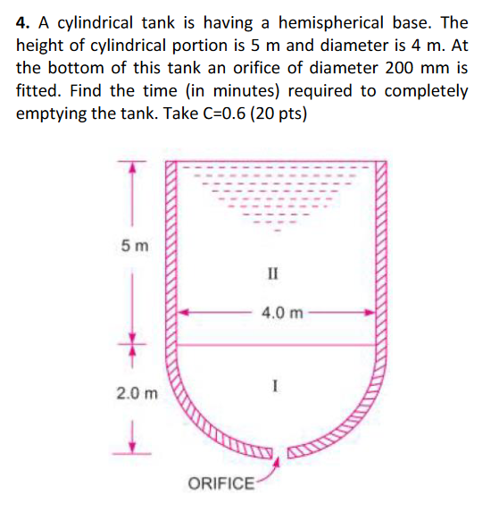 4. A cylindrical tank is having a hemispherical base. The
height of cylindrical portion is 5 m and diameter is 4 m. At
the bottom of this tank an orifice of diameter 200 mm is
fitted. Find the time (in minutes) required to completely
emptying the tank. Take C=0.6 (20 pts)
5 m
II
4.0 m
2.0 m
ORIFICE
