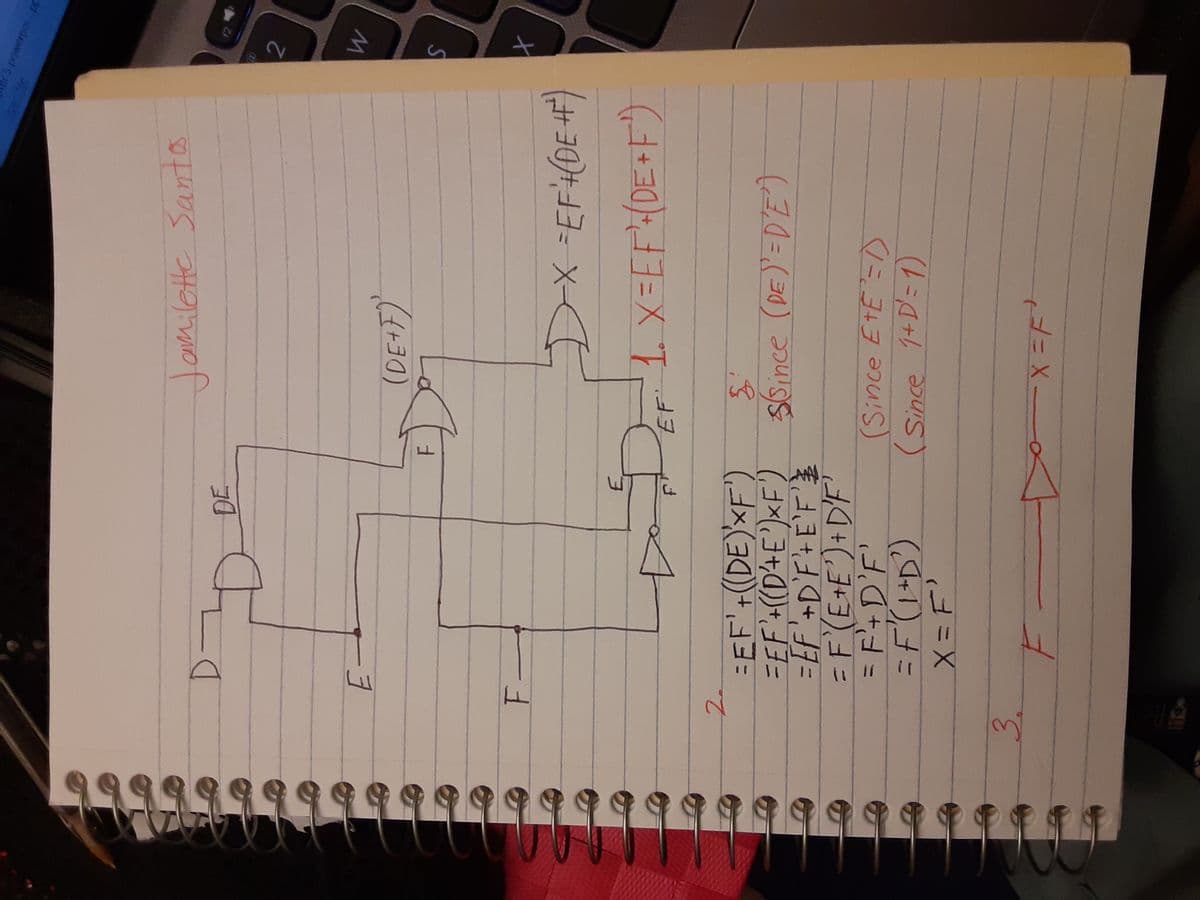 Jamilette Santos
DE
2
E-
X =EF+(DE+H")
1. x=EF:(DE+F")
E.
EF'
2.
EEF'+(DE)xF')
EF'+((D+E')<F')
%3DEF'+D'F+E'F'
=F(E+E')+D'F'
= F'+D'F'
SGince (DE)'=DE
(Since EtE'=)
(Since 1+D'=1)
ニ
(ゴ=X
3.
ィ=X
