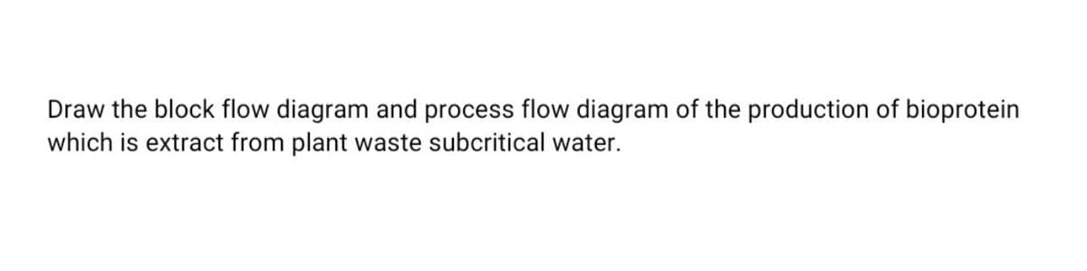 Draw the block flow diagram and process flow diagram of the production of bioprotein
which is extract from plant waste subcritical water.
