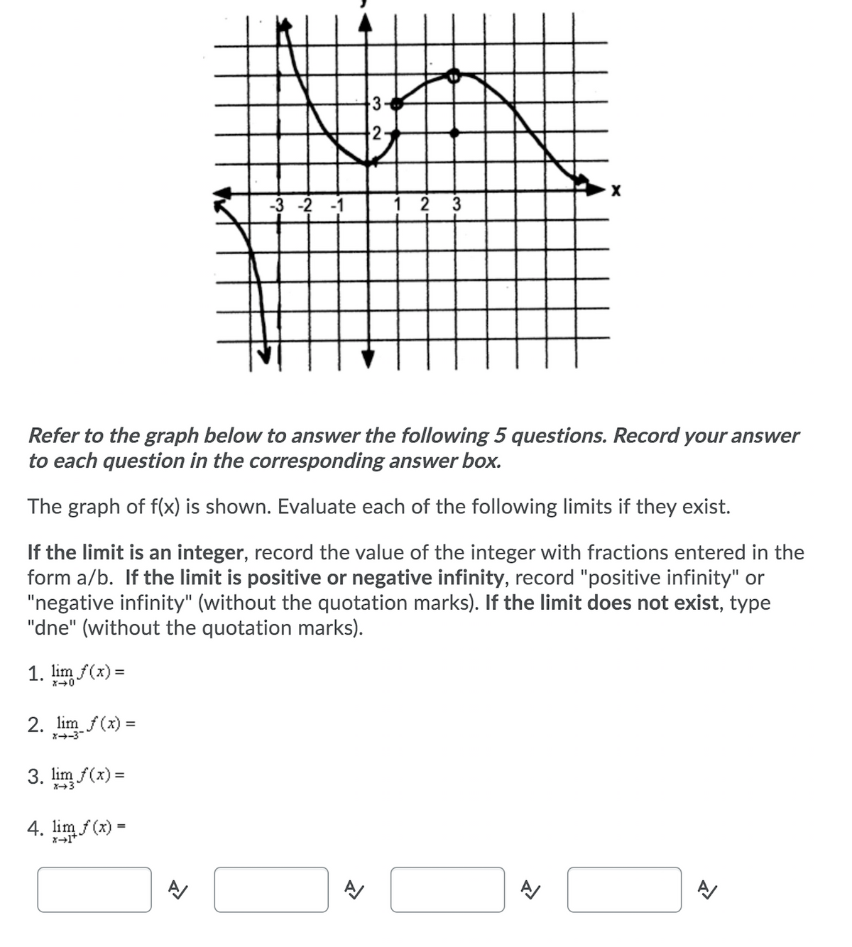 3
2-
-3 -2 -1
1 2 3
Refer to the graph below to answer the following 5 questions. Record your answer
to each question in the corresponding answer box.
The graph of f(x) is shown. Evaluate each of the following limits if they exist.
If the limit is an integer, record the value of the integer with fractions entered in the
form a/b. If the limit is positive or negative infinity, record "positive infinity" or
"negative infinity" (without the quotation marks). If the limit does not exist, type
"dne" (without the quotation marks).
1. lim f(x) =
%3D
2. lim f(x) =
X-3
3. lim f(x) =
X3
4. lim f (x) =
