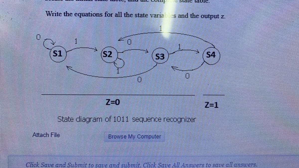 Write the equations for all the state variables and the output z.
S1
(S2
S3
S4
Z=0
Z=1
State diagram of 1011 sequence recognizer
Attach File
Browse My Computer
Click Save and Submit to save and submit. Click Save All Answers to save all answers.

