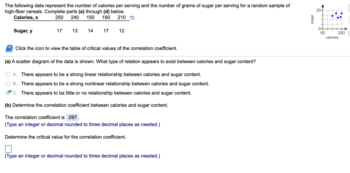 The following data represent the number of calories per serving and the number of grams of sugar per serving for a random sample of
high-fiber cereals. Complete parts (a) through (d) below.
Calories, x
20-
250
240
150
190
210 O
Sugar, y
0-
50
17
13
14
17
12
250
calories
Click the icon to view the table of critical values of the correlation coefficient.
(a) A scatter diagram of the data is shown. What type of relation appears to exist between calories and sugar content?
A. There appears to be a strong linear relationship between calories and sugar content.
B. There appears to be a strong nonlinear relationship between calories and sugar content.
C. There appears to be little or no relationship between calories and sugar content.
(b) Determine the correlation coefficient between calories and sugar content.
The correlation coefficient is .097.
(Type an integer or decimal rounded to three decimal places as needed.)
Determine the critical value for the correlation coefficient.
(Type an integer or decimal rounded to three decimal places as needed.)
sugar
