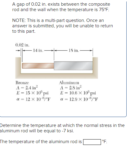 A gap of 0.02 in. exists between the composite
rod and the wall when the temperature is 75°F.
NOTE: This is a multi-part question. Once an
answer is submitted, you will be unable to return
to this part.
0.02 in.
- 14 in.
18 in.
Aluminum
A = 2.8 in?
E = 10.6 X 106 psi
Bronze
A = 2.4 in?
E = 15 x 106 psi
a = 12 x 10-6/°F
a =
12.9 x 10 /°F
Determine the temperature at which the normal stress in the
aluminum rod will be equal to -7 ksi.
The temperature of the aluminum rod is
|°F.
